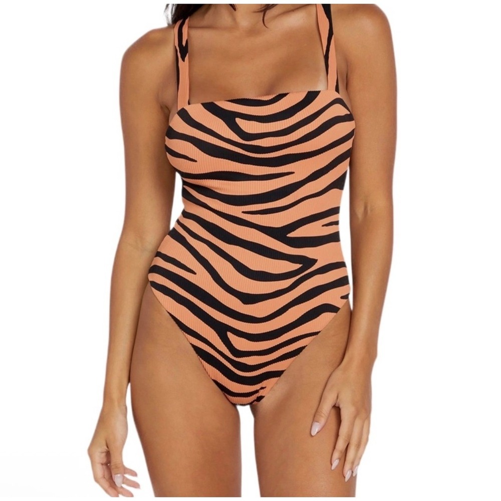NWT Volcom Zebra Print One Piece Swimsuit Womens Ribbed Skimpy Medium